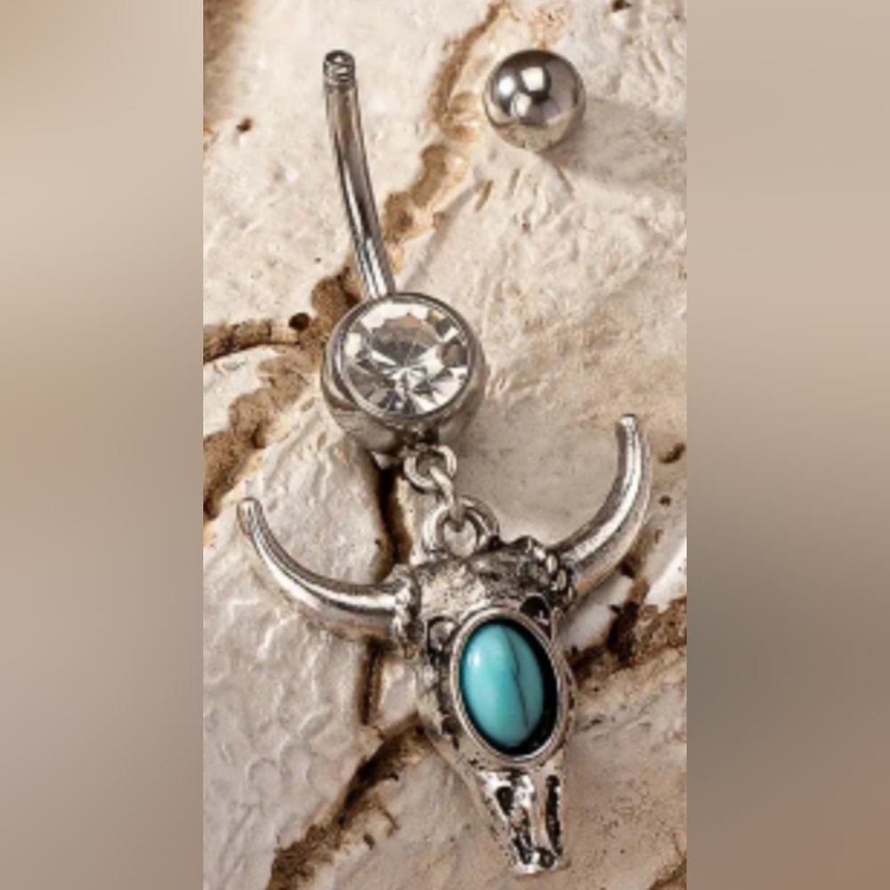 Western Cowgirl‎ Farmhouse Silver Animal Bull Skull Turquoise Belly Ring (#041)